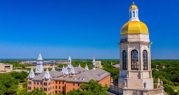 Aerial shot of Pat Neff Hall and Old Main at Baylor University